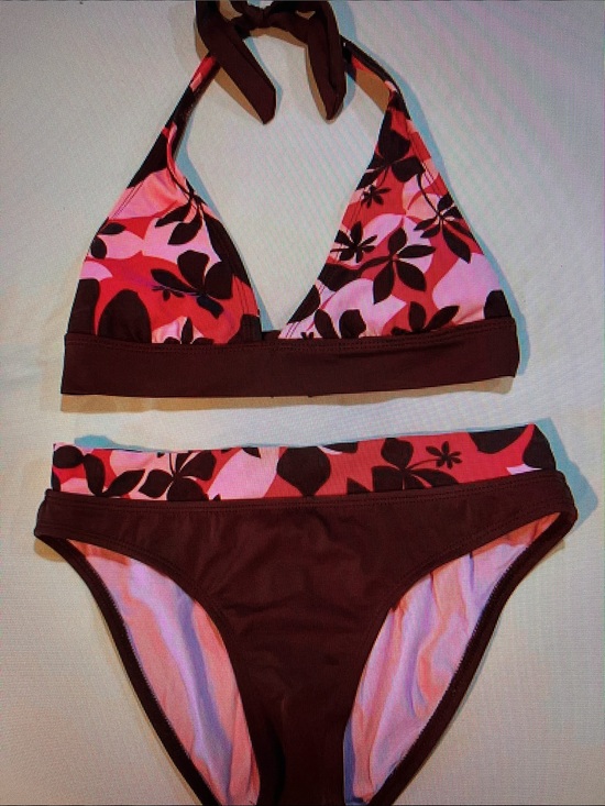 Other - Women's Pink Floral Halter Bikini Set with Brown Trim